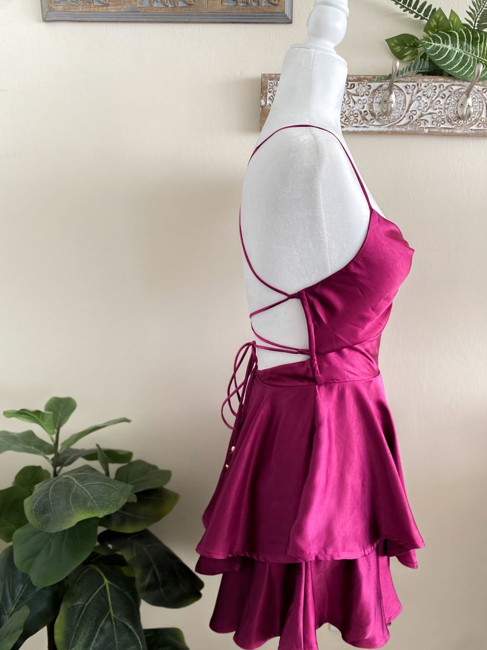 Fuchsia Satin Spaghetti Strap Romper - Picture 2 of 3